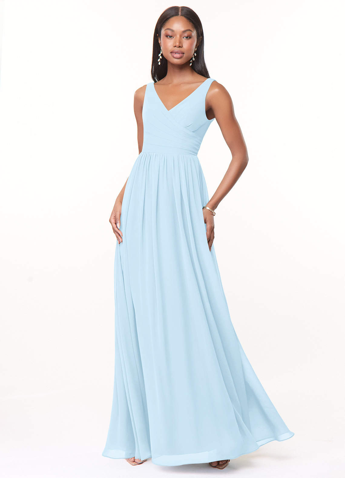 elyessen Keyla Dusty Blue A-Line V-Neck Pleated Chiffon Dress 2