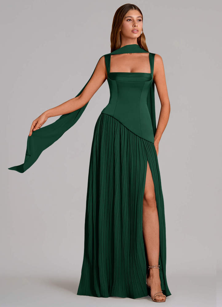 elyessen Stephanie Black A-Line Pleated Stretch Satin Dress 2
