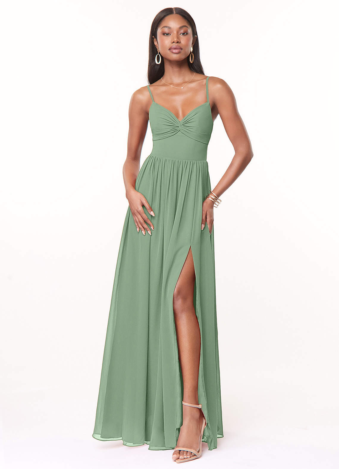elyessen Zeya Dusty Blue A-Line V-Neck Pleated Chiffon Dress 1