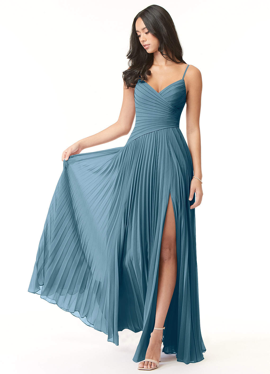 elyessen Vini Sky Blue A-Line V-Neck Pleated Chiffon Dress 3