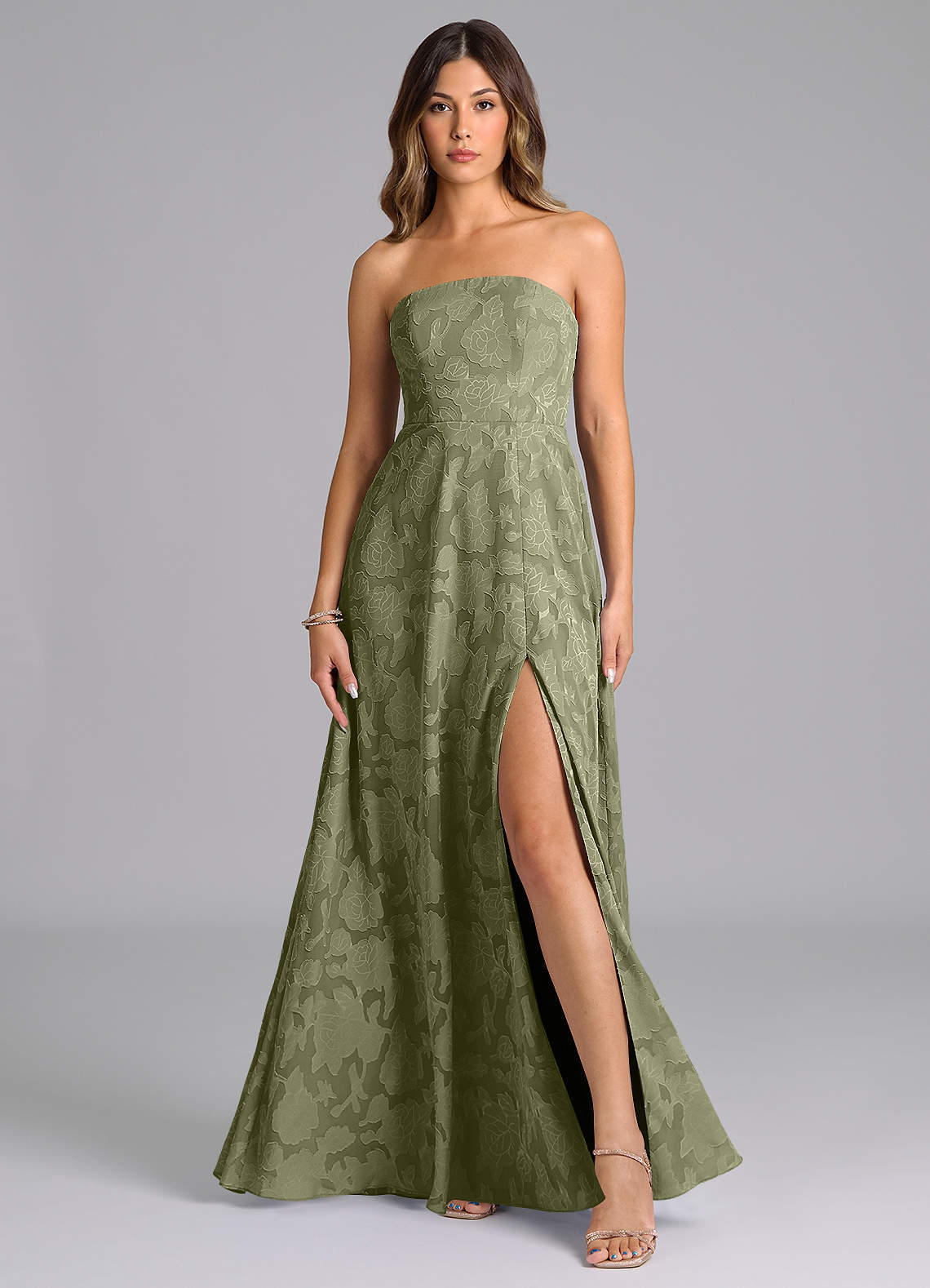 elyessen Wren Dusty Sage A-Line Strapless Floral Burnout Dress 1