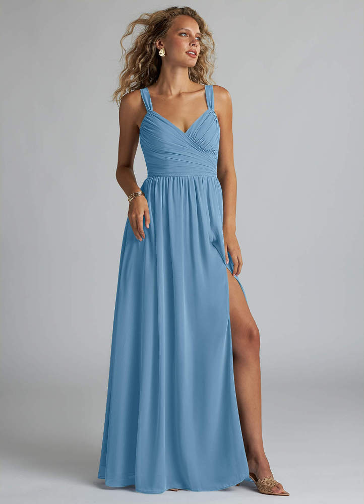 elyessen Aziza Sky Blue A-Line V-Neck Pleated Chiffon Dress 3