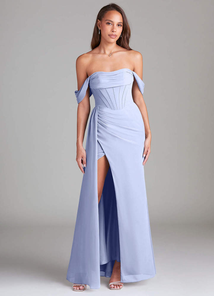 elyessen Amyra Dusty Blue Sheath Off the Shoulder Chiffon Convertible Dress 2