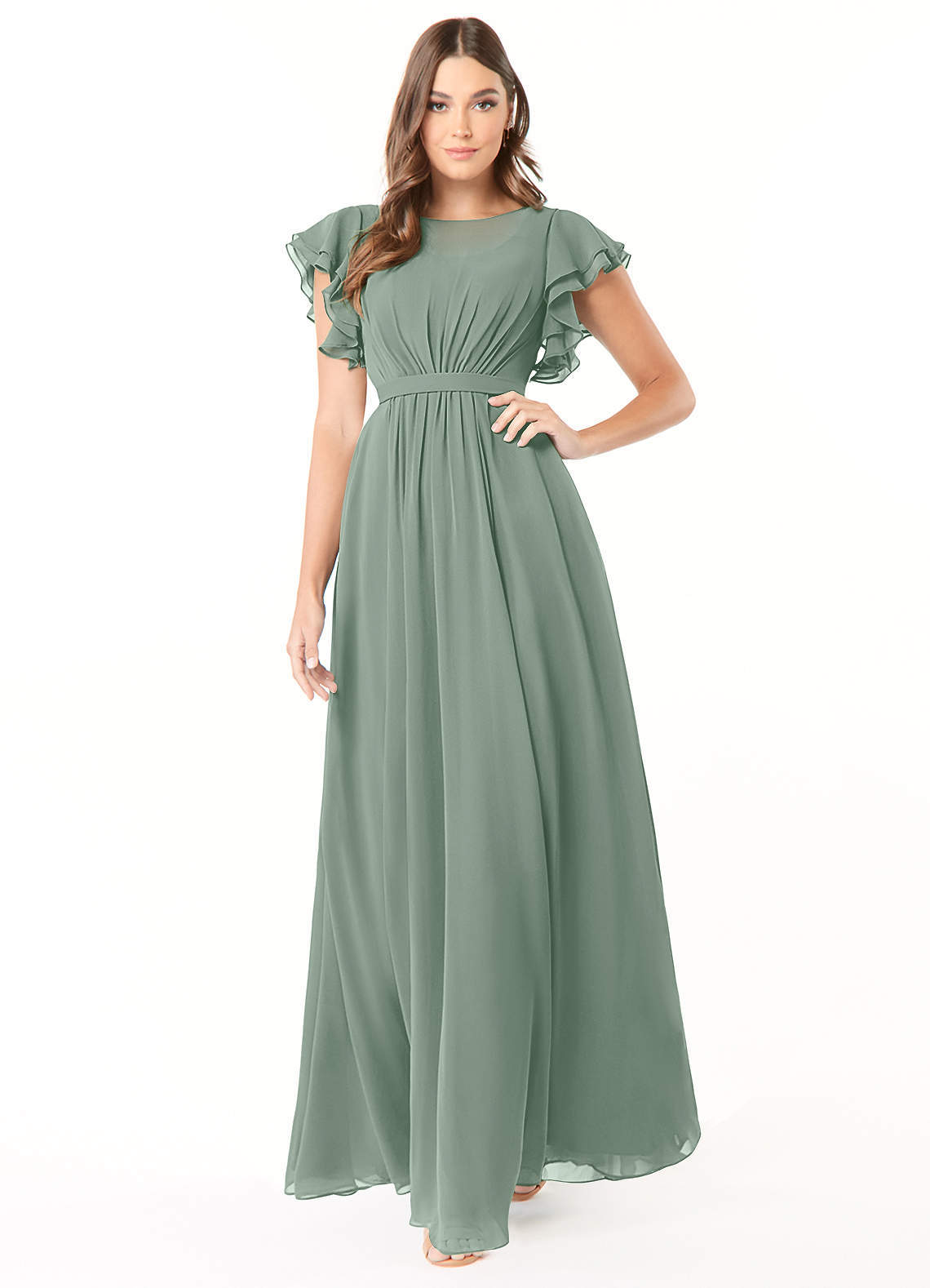 elyessen Daphne A-Line Ruffled Chiffon Floor-Length Dress Eucalyptus 1