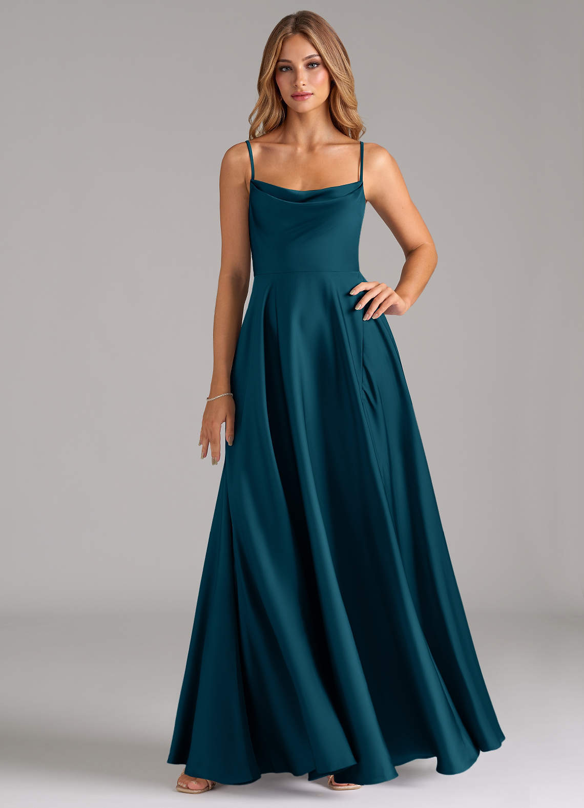 elyessen Elle Sky Blue A-Line Pleated Stretch Satin Dress 3
