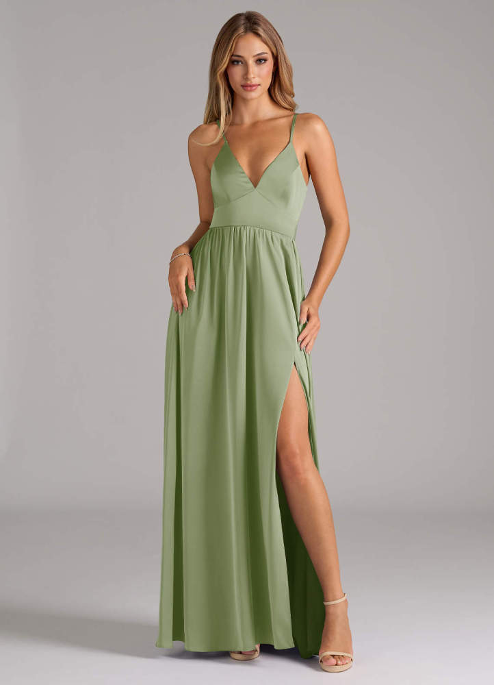 elyessen Aaida Dusty Sage A-Line Corset Stretch Satin Dress 1
