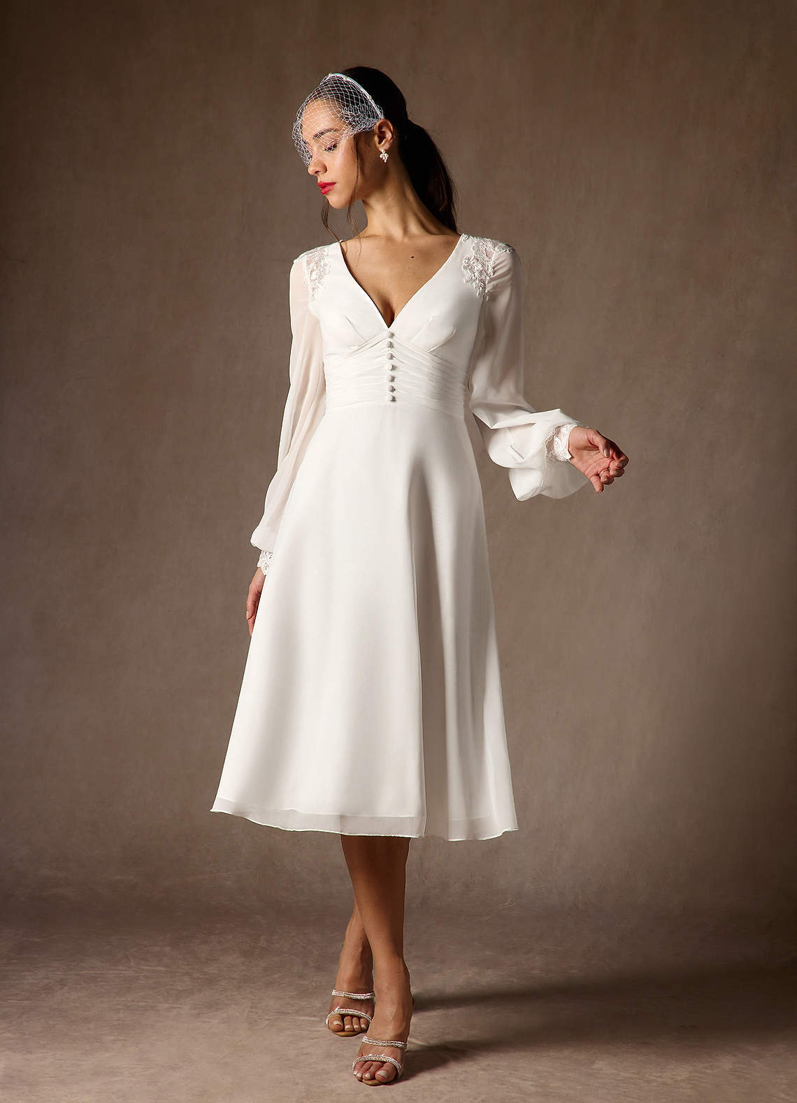elyessen Amila Diamond White A-Line V-Neck Lace Chiffon Dress