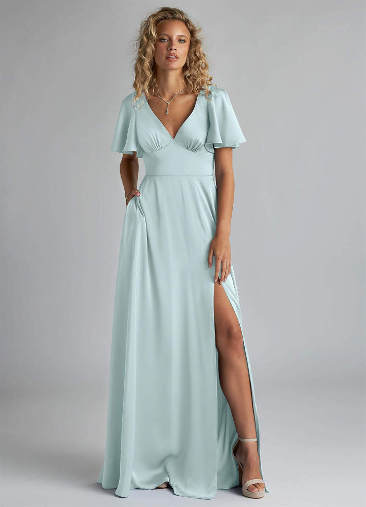elyessen Kimber Sky Blue A-Line Ruched Stretch Satin Dress 2