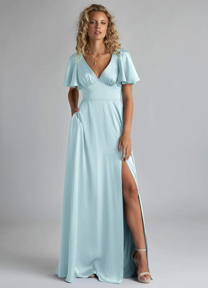 elyessen Kimber Sky Blue A-Line Ruched Stretch Satin Dress 3
