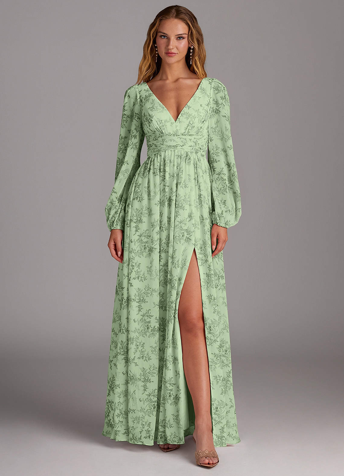 elyessen Norah Eucalyptus A-Line V-Neck Long Sleeve Chiffon Dress 9
