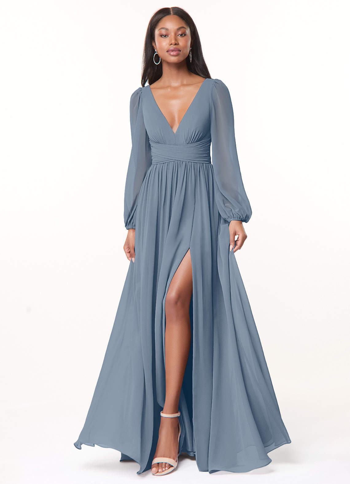 elyessen Norah Eucalyptus A-Line V-Neck Long Sleeve Chiffon Dress 3