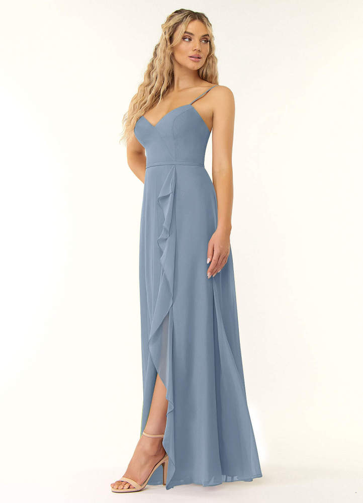 elyessen Naeem Dusty Blue A-Line V-Neck Ruffle Chiffon Dress 3