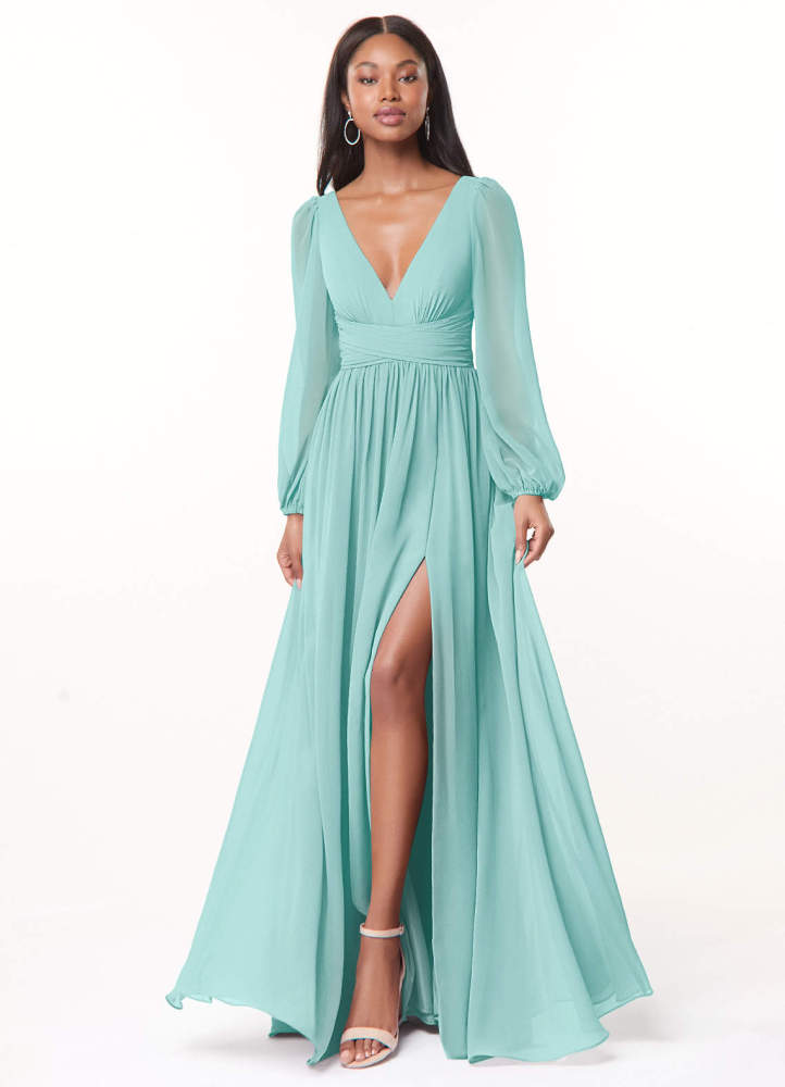 elyessen Norah Eucalyptus A-Line V-Neck Long Sleeve Chiffon Dress 8