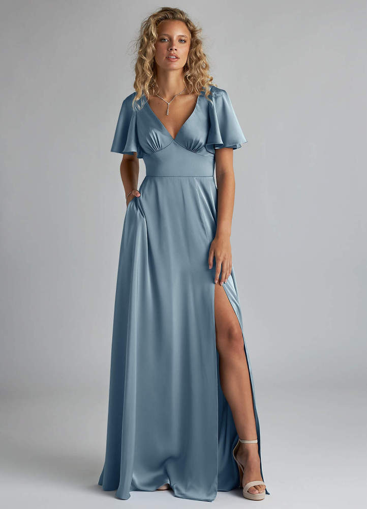 elyessen Kimber Sky Blue A-Line Ruched Stretch Satin Dress 3