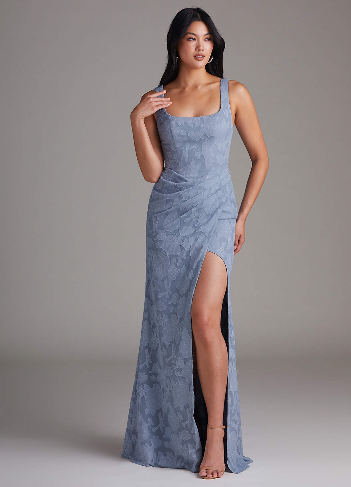 elyessen Mero Dusty Blue Sheath Pleated Floral Burnout Dress 2