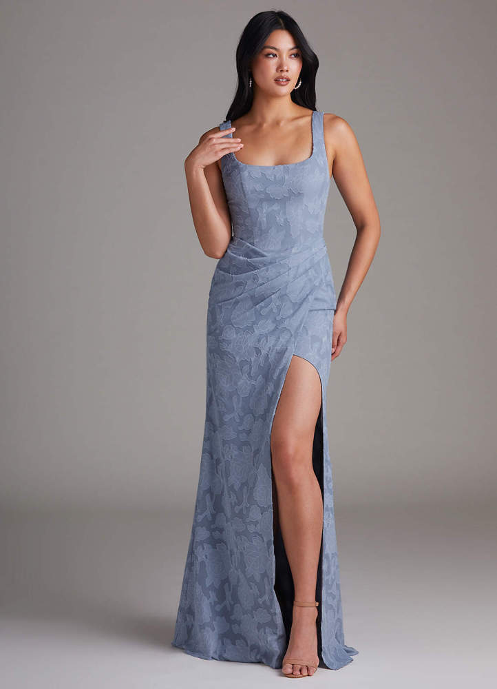 elyessen Mero Dusty Blue Sheath Pleated Floral Burnout Dress 2