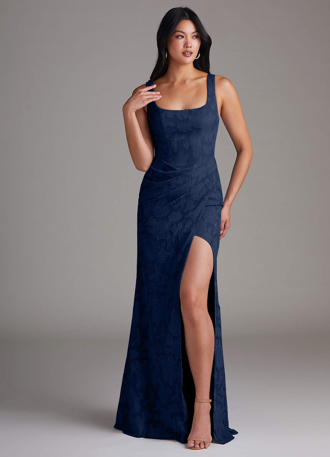 elyessen Mero Dusty Blue Sheath Pleated Floral Burnout Dress 2