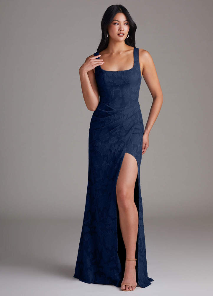 elyessen Mero Dusty Blue Sheath Pleated Floral Burnout Dress 2