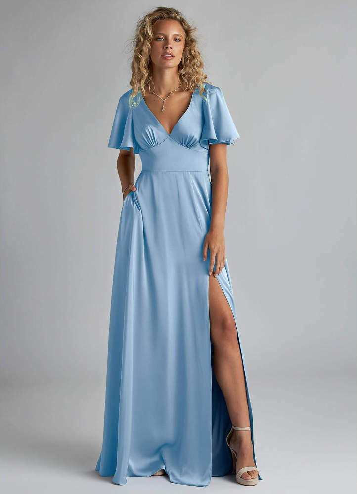 elyessen Kimber Sky Blue A-Line Ruched Stretch Satin Dress 2