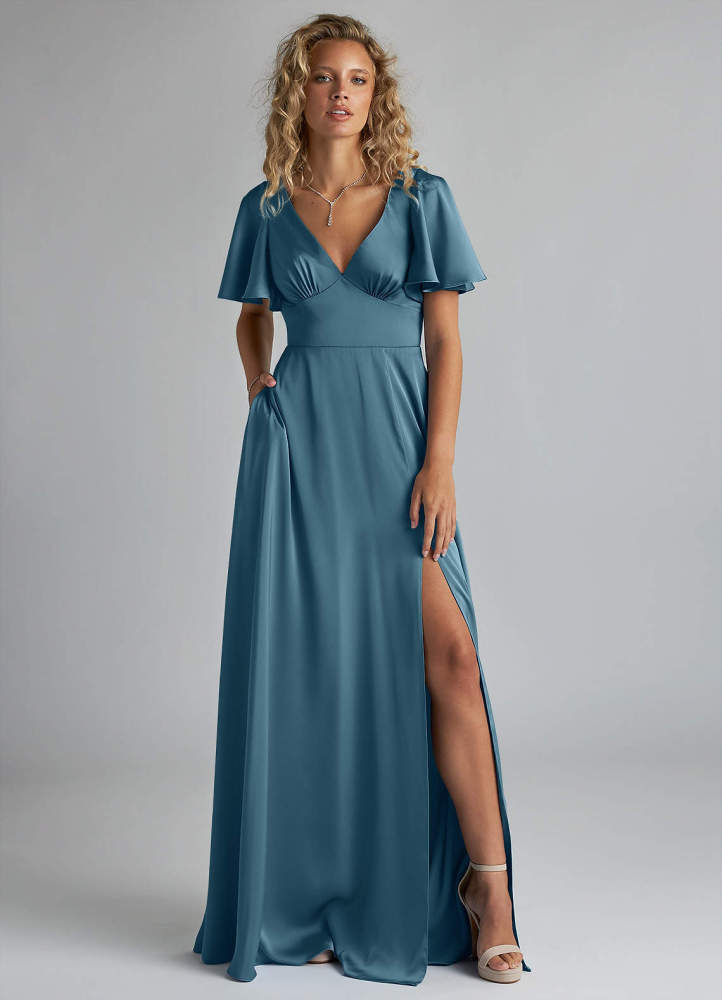 elyessen Kimber Sky Blue A-Line Ruched Stretch Satin Dress 3