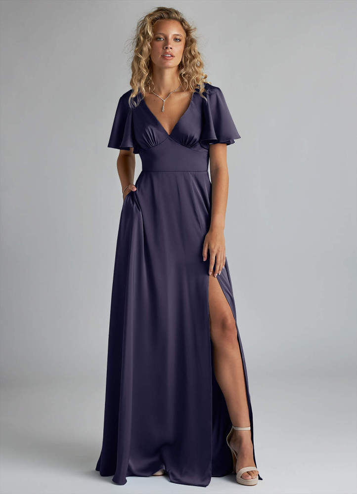 elyessen Kimber Sky Blue A-Line Ruched Stretch Satin Dress 3