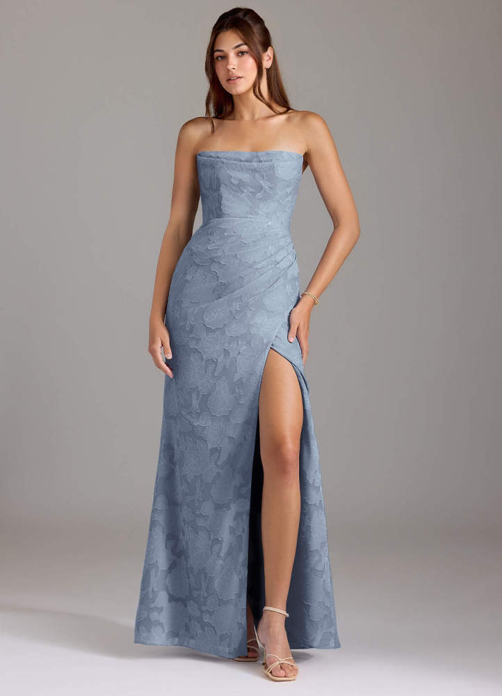 elyessen Leonis Dusty Blue Sheath Strapless Floral Burnout Convertible Dress 2