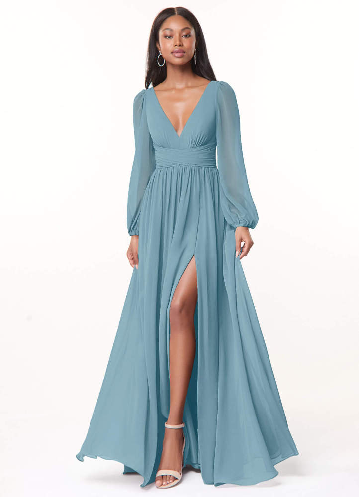 elyessen Norah Eucalyptus A-Line V-Neck Long Sleeve Chiffon Dress 8