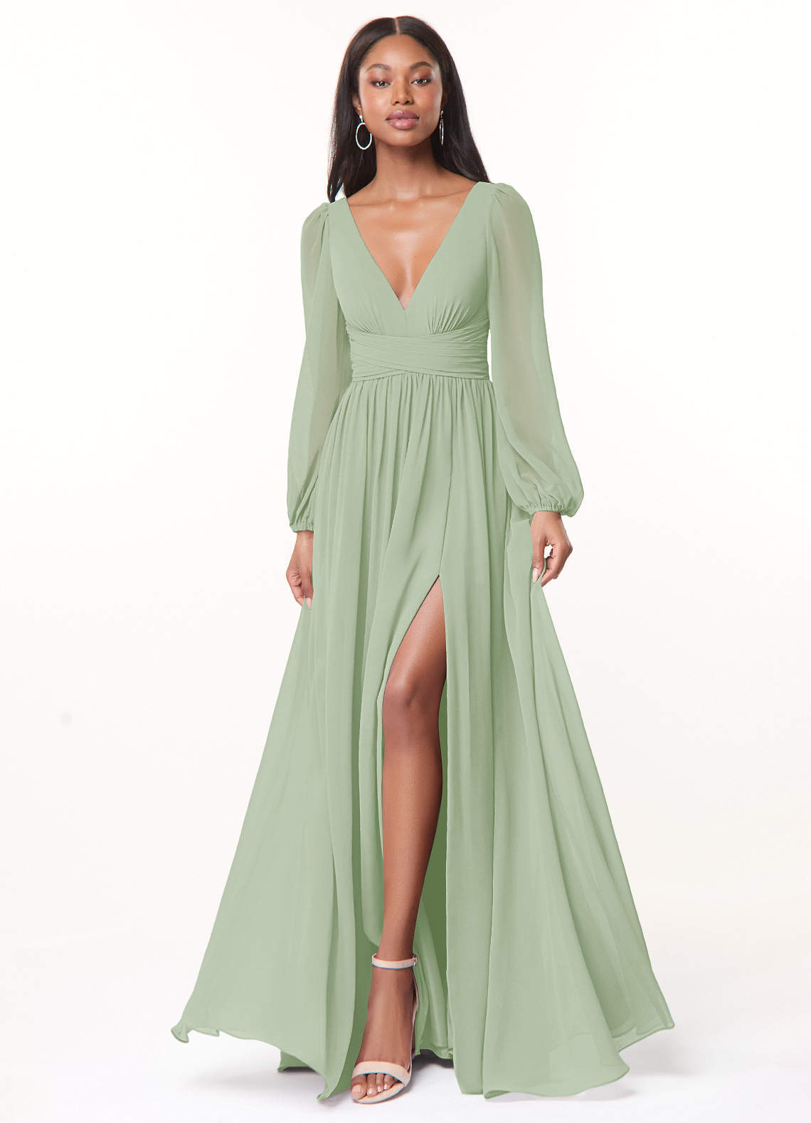 elyessen Norah Eucalyptus A-Line V-Neck Long Sleeve Chiffon Dress 1
