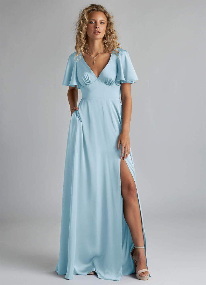 elyessen Kimber Sky Blue A-Line Ruched Stretch Satin Dress 2