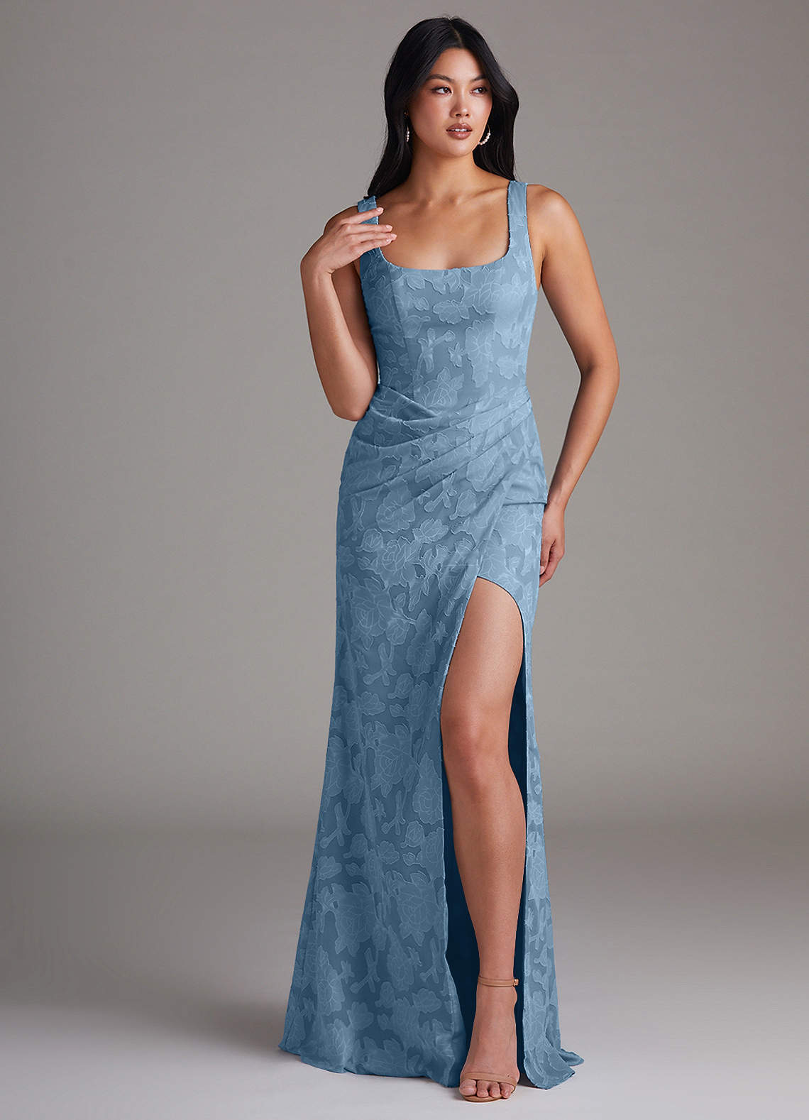 elyessen Mero Dusty Blue Sheath Pleated Floral Burnout Dress 2