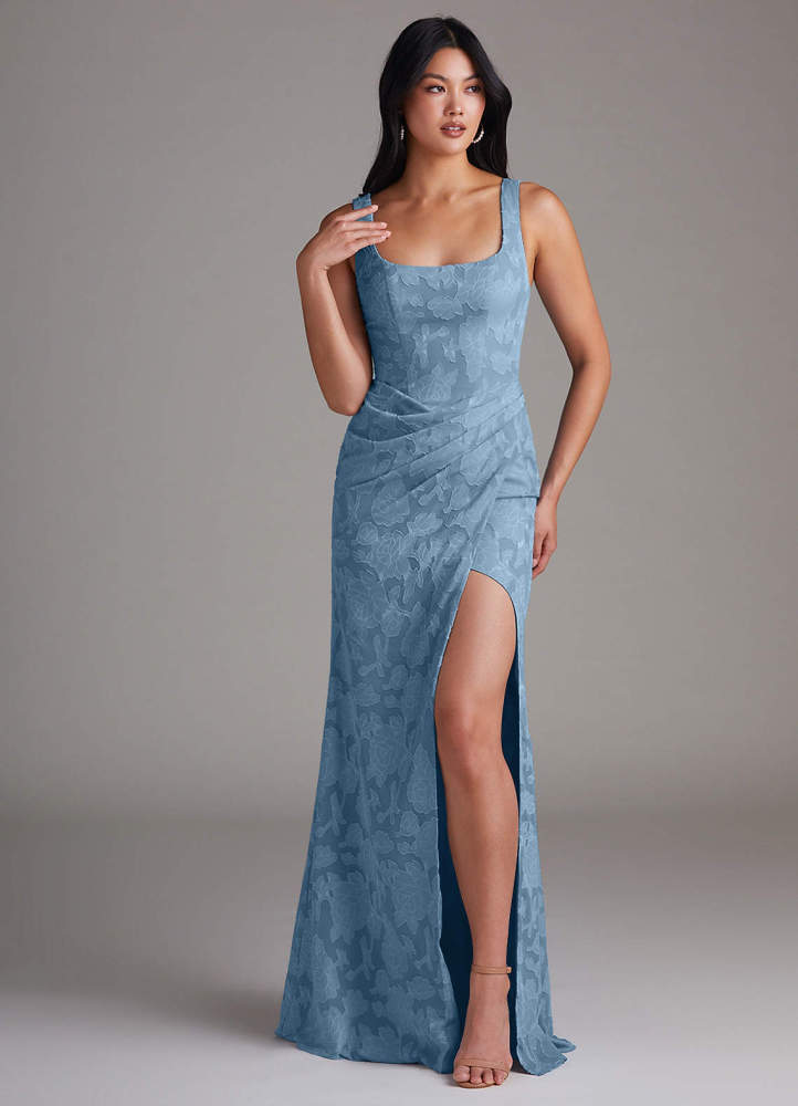 elyessen Mero Dusty Blue Sheath Pleated Floral Burnout Dress 2
