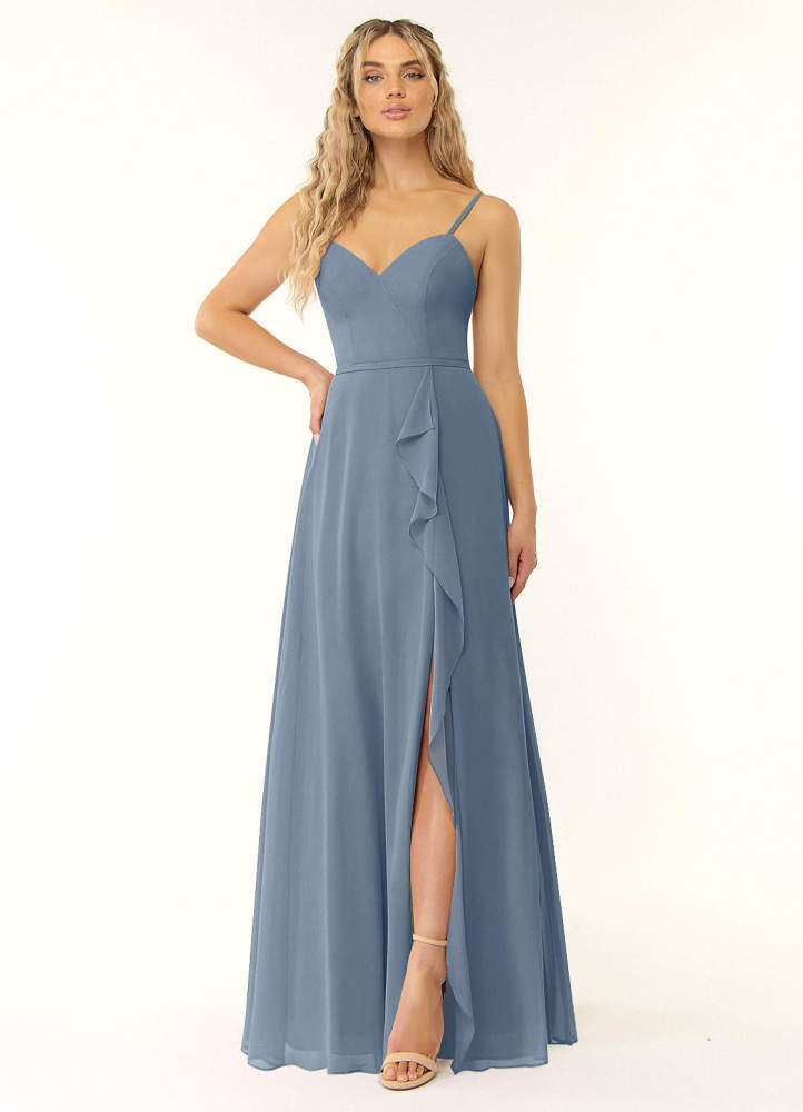 elyessen Naeem Dusty Blue A-Line V-Neck Ruffle Chiffon Dress 3