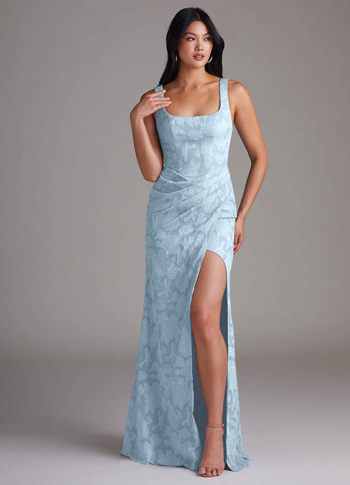 elyessen Mero Dusty Blue Sheath Pleated Floral Burnout Dress 1
