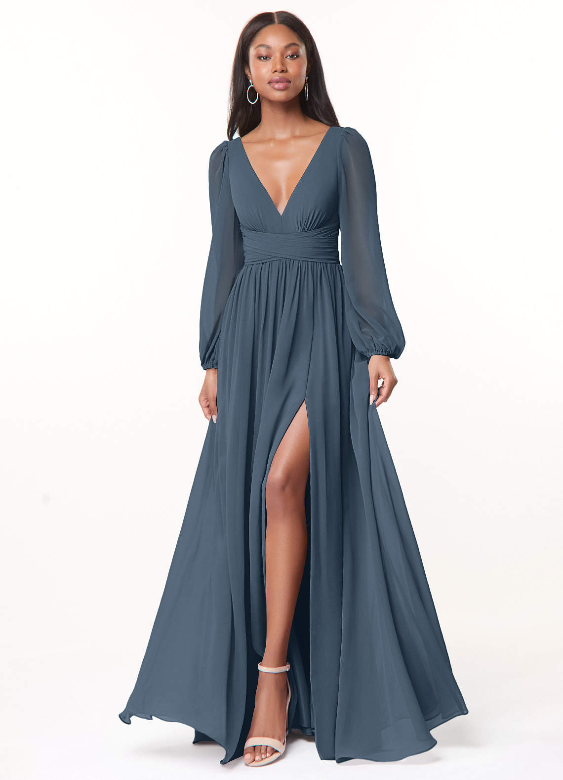 elyessen Norah Eucalyptus A-Line V-Neck Long Sleeve Chiffon Dress 3