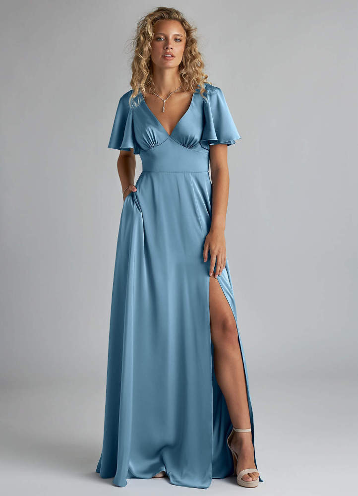 elyessen Kimber Sky Blue A-Line Ruched Stretch Satin Dress 3