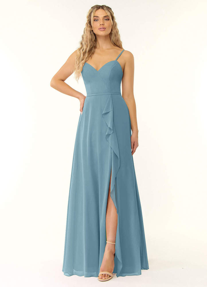 elyessen Naeem Dusty Blue A-Line V-Neck Ruffle Chiffon Dress 8