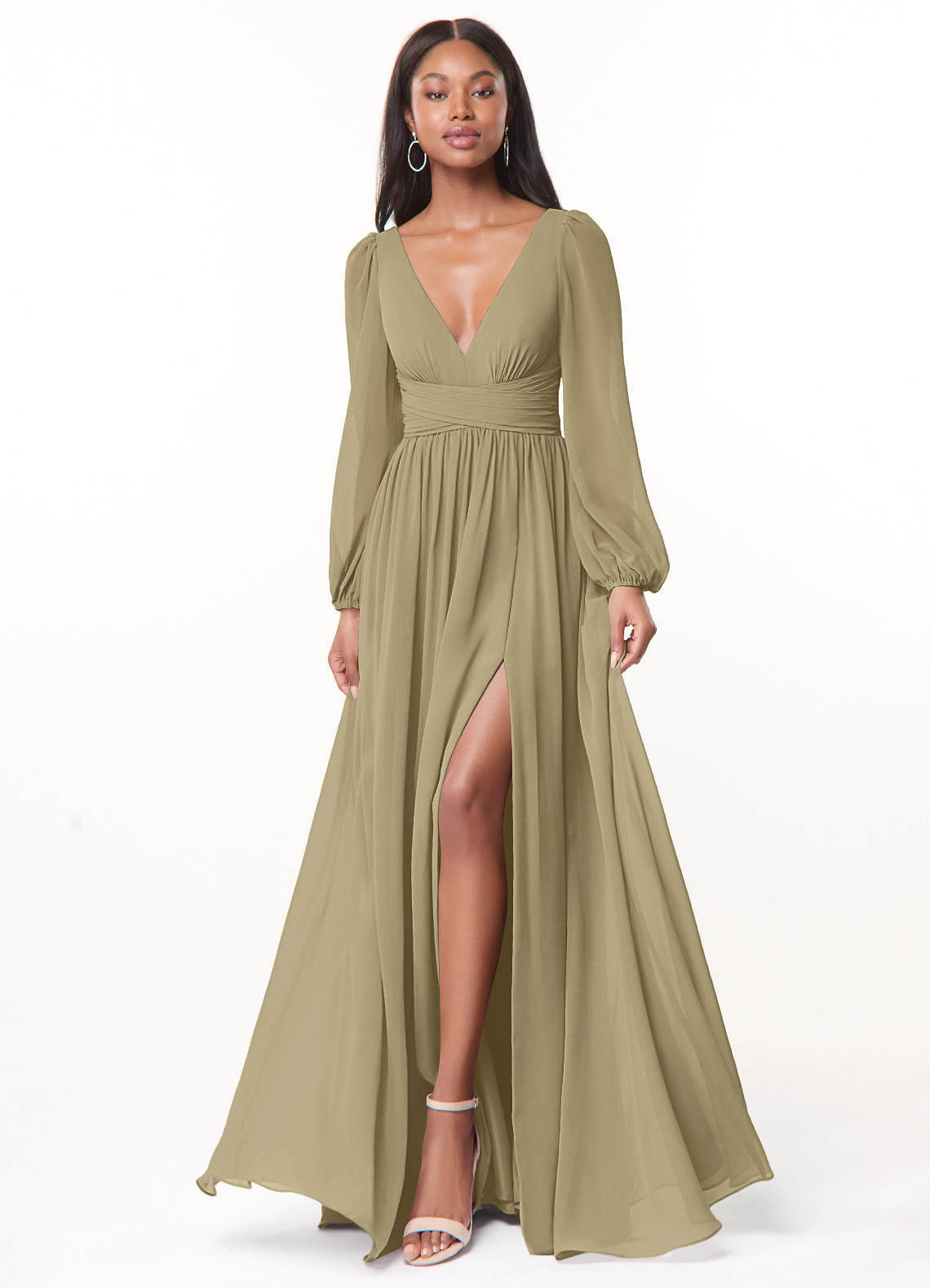 elyessen Norah Eucalyptus A-Line V-Neck Long Sleeve Chiffon Dress 1