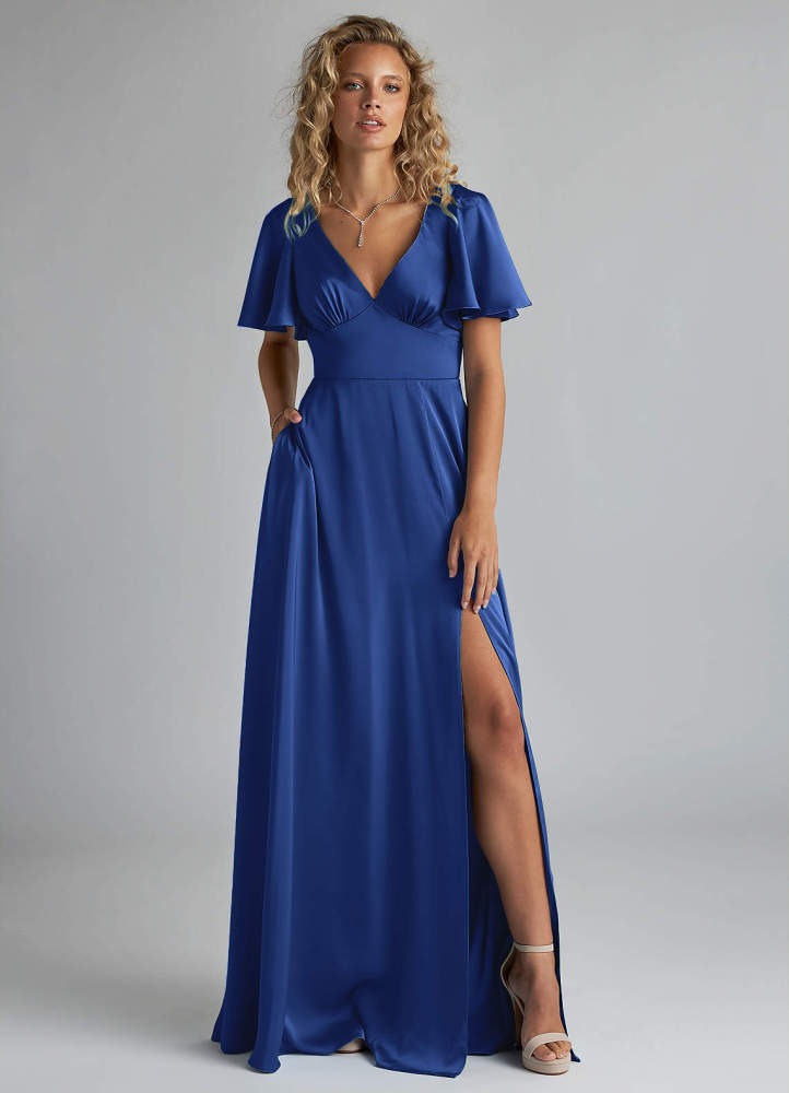 elyessen Kimber Sky Blue A-Line Ruched Stretch Satin Dress 3