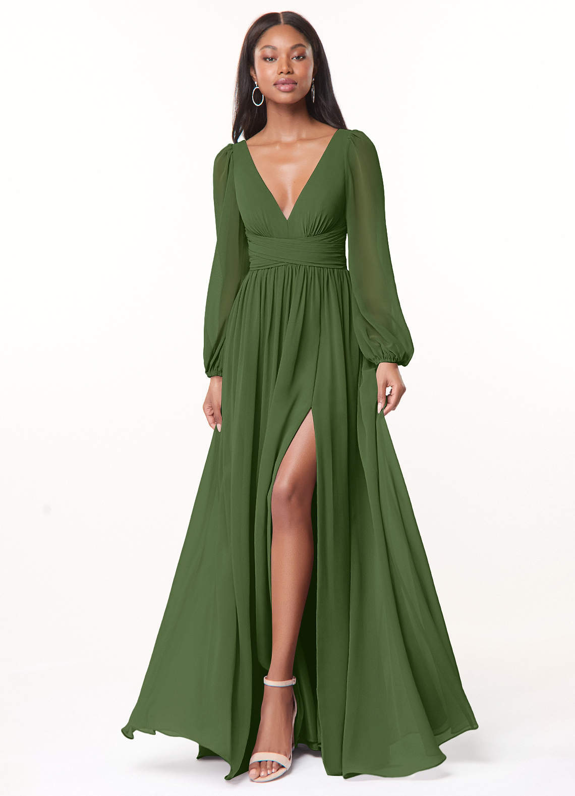 elyessen Norah Eucalyptus A-Line V-Neck Long Sleeve Chiffon Dress 1