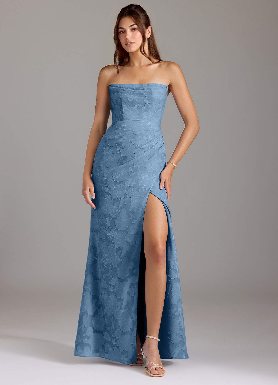 elyessen Leonis Dusty Blue Sheath Strapless Floral Burnout Convertible Dress 2