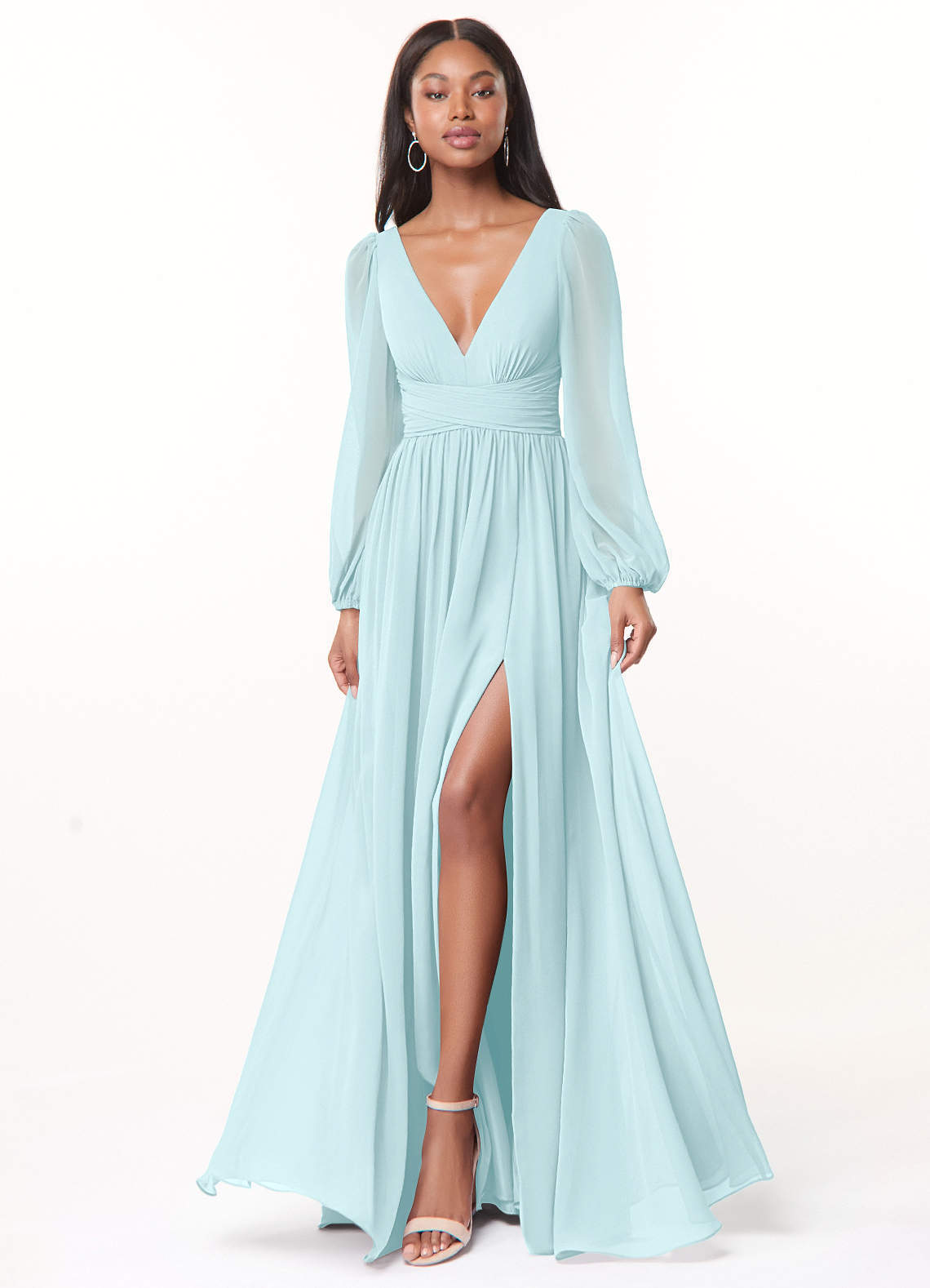 elyessen Norah Eucalyptus A-Line V-Neck Long Sleeve Chiffon Dress 2
