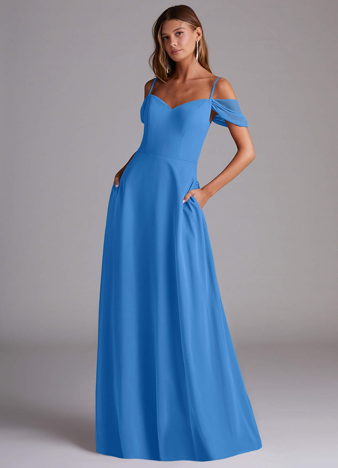 elyessen Marley Dusty Blue A-Line Off the Shoulder Chiffon Convertible Dress 8