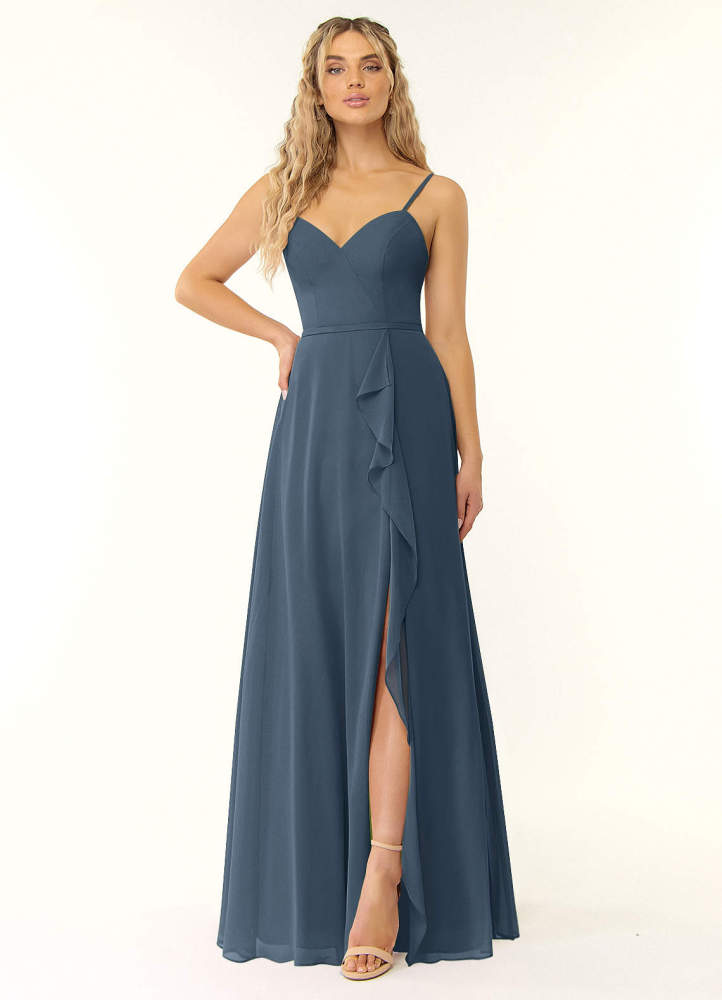 elyessen Naeem Dusty Blue A-Line V-Neck Ruffle Chiffon Dress 3