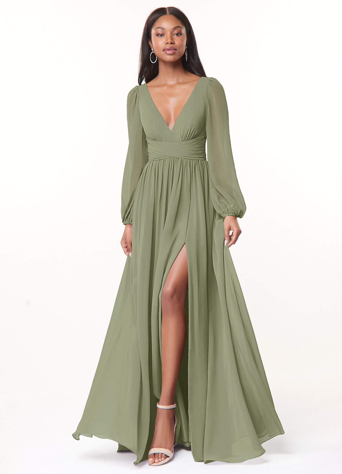 elyessen Norah Eucalyptus A-Line V-Neck Long Sleeve Chiffon Dress 1
