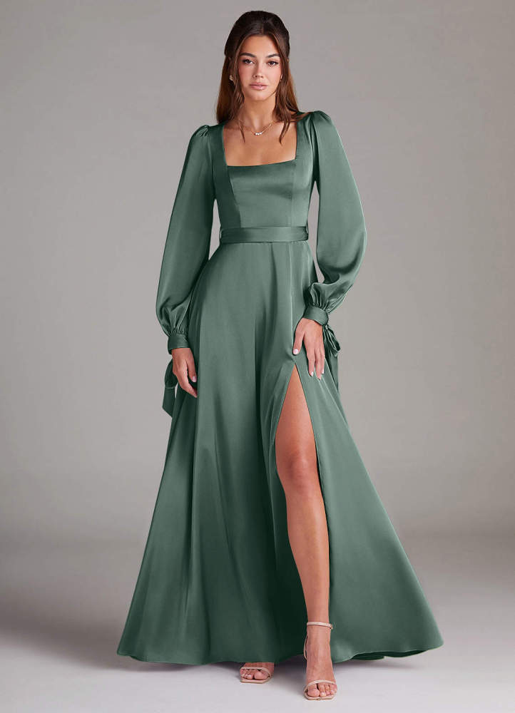 elyessen Leonia Black A-Line Long Sleeve Stretch Satin Dress 1