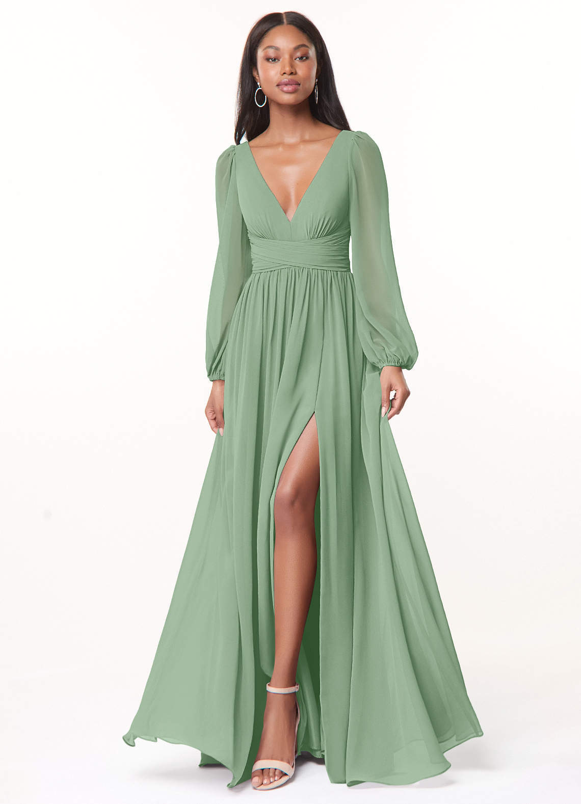 elyessen Norah Eucalyptus A-Line V-Neck Long Sleeve Chiffon Dress 1