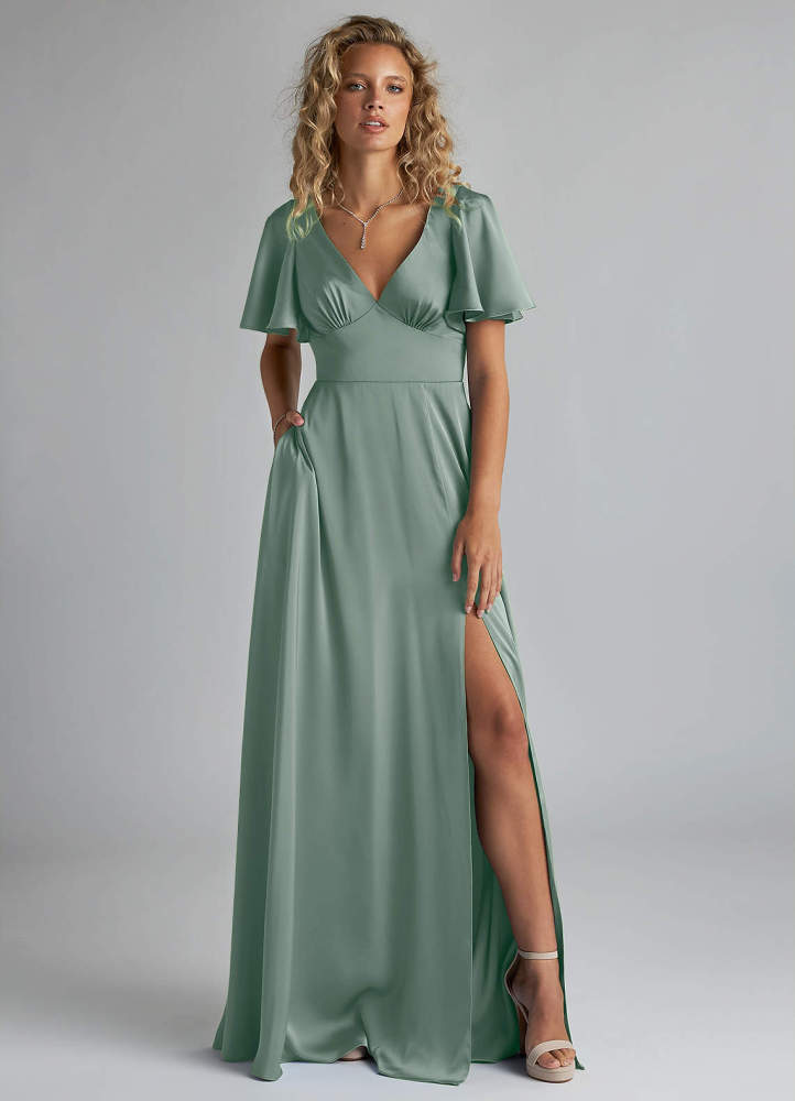 elyessen Kimber Sky Blue A-Line Ruched Stretch Satin Dress 1