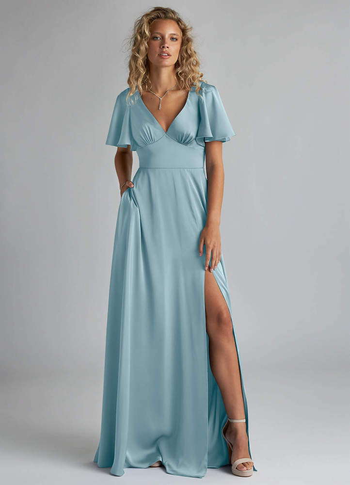 elyessen Kimber Sky Blue A-Line Ruched Stretch Satin Dress 8