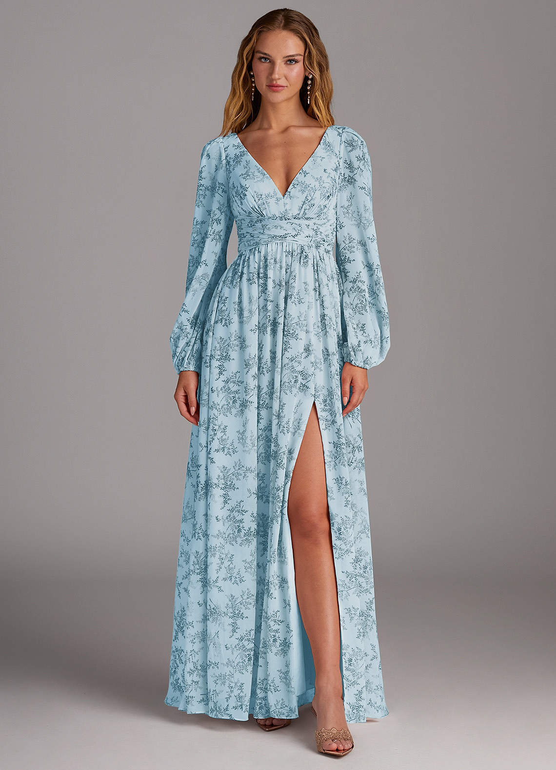 elyessen Norah Eucalyptus A-Line V-Neck Long Sleeve Chiffon Dress 9