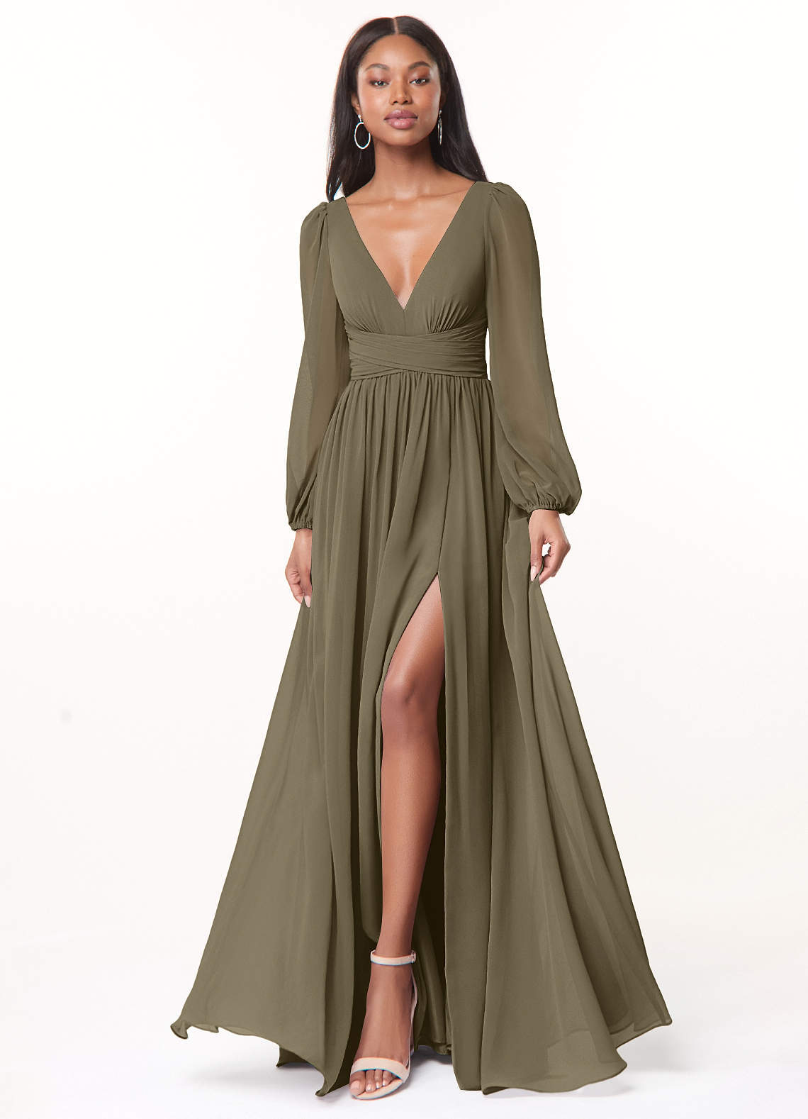 elyessen Norah Eucalyptus A-Line V-Neck Long Sleeve Chiffon Dress 2